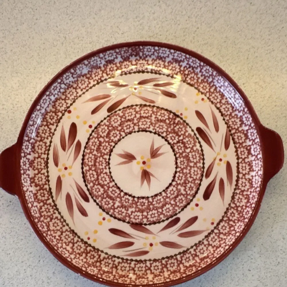 Temp-tations Old World Ceramic Round 2 qt Baking Dish, Oven Safe, Red/White